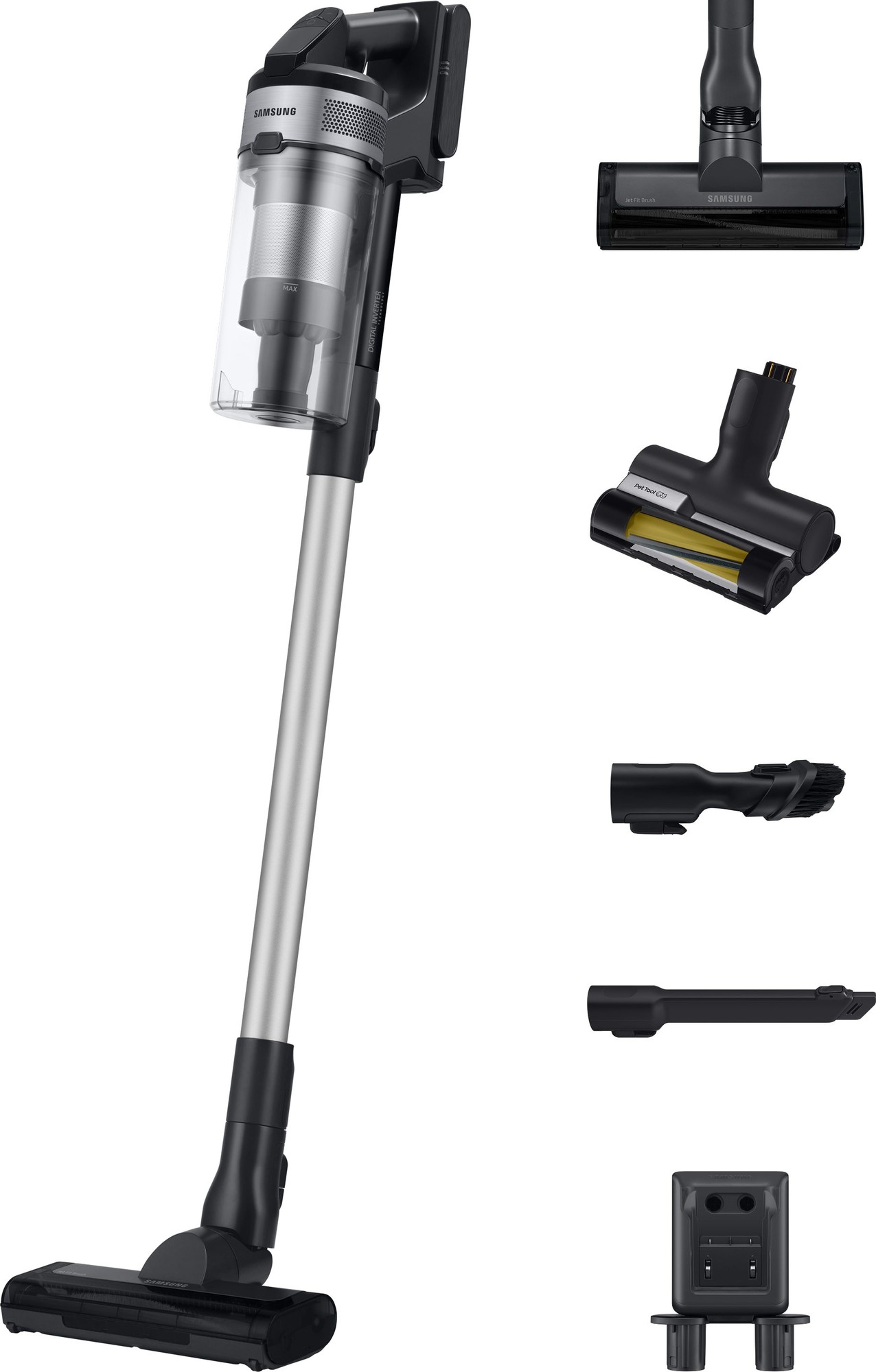 Samsung Jet 65 Pet Max vacuum in silver with a transparent dustbin, various attachments including a pet brush and crevice tool, and a sleek, modern design.