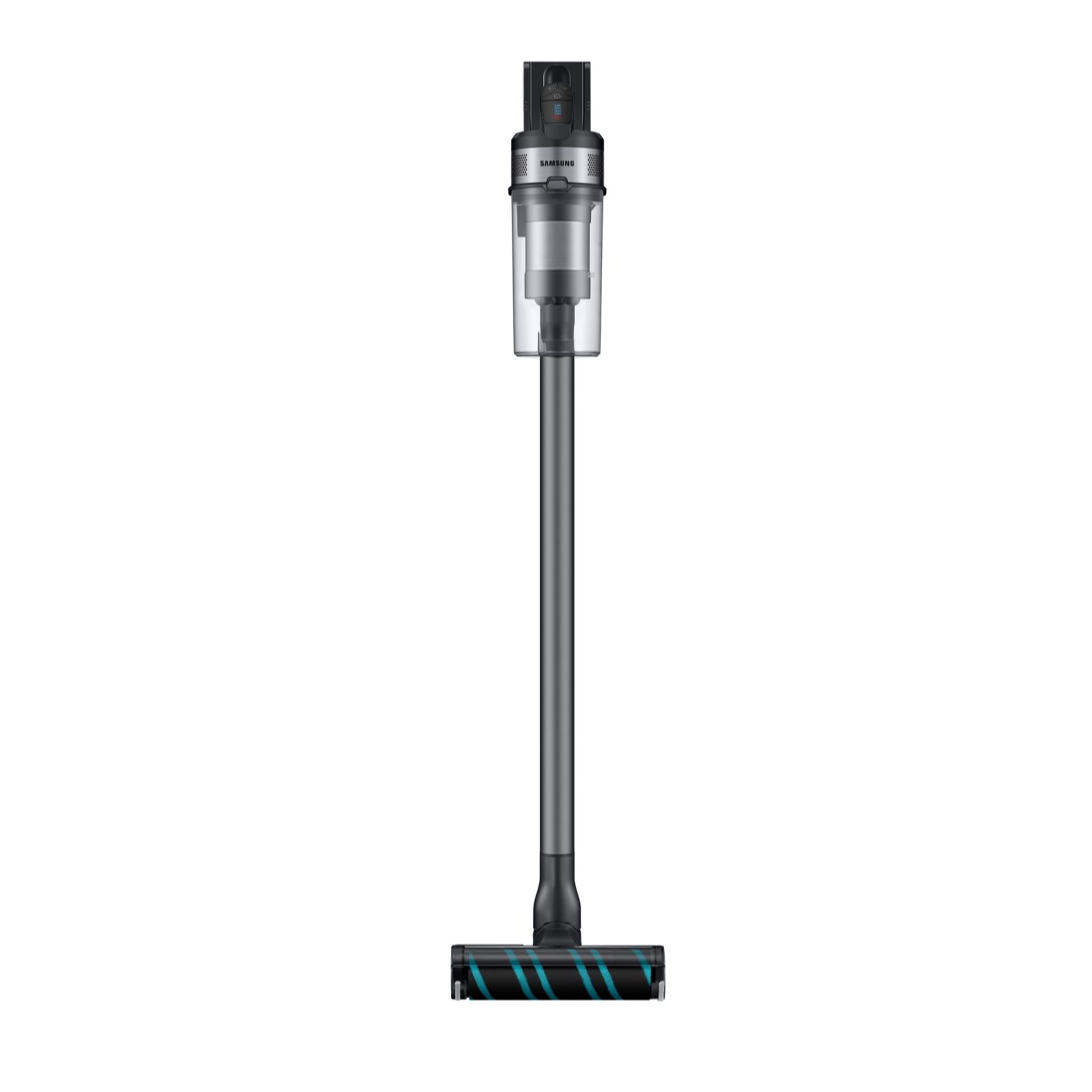 Samsung Jet 75E stick vacuum cleaner in silver and black, featuring a transparent dustbin, powerful 200W suction, and a sleek, lightweight design for easy maneuverability.