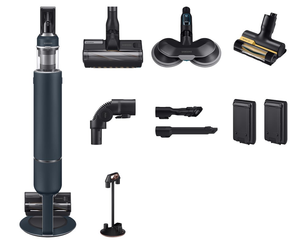 Samsung VS20B95973B Blue Bespoke Jet™ Plus Pro Extra cordless stick vacuum cleaner in navy blue with multiple attachments, including a motorized brush and charging dock.