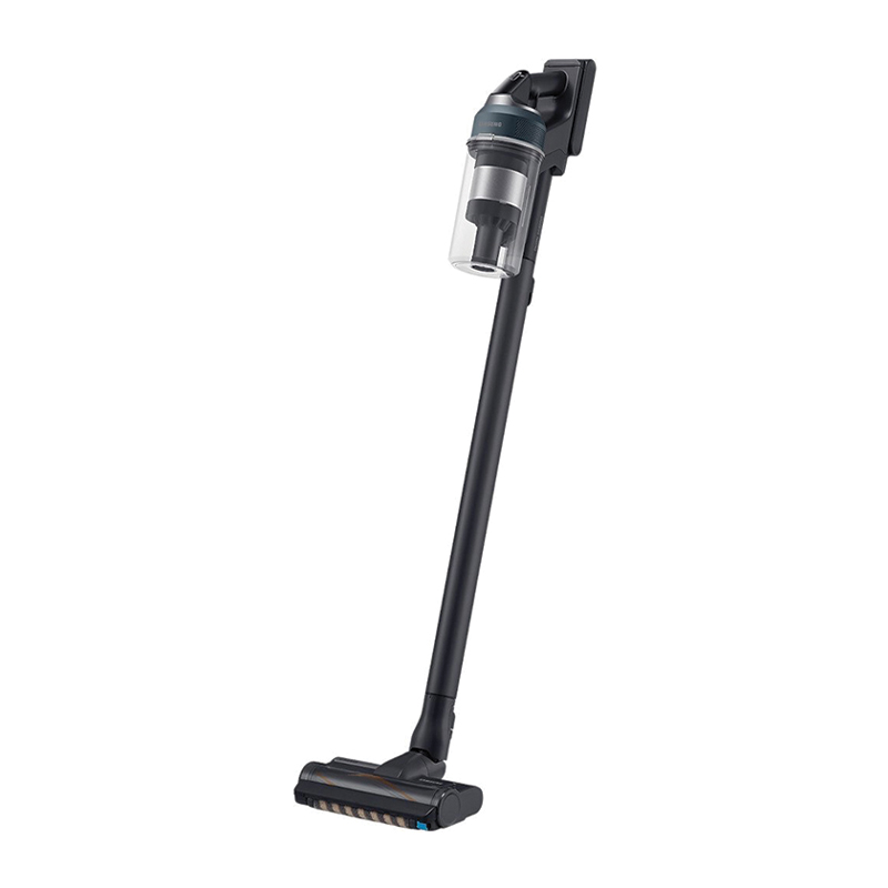 Samsung Jet 85 Complete stick vacuum cleaner in blue, featuring a transparent dust container, Hexajet motor, and sleek, modern design with a detachable cleaning head.