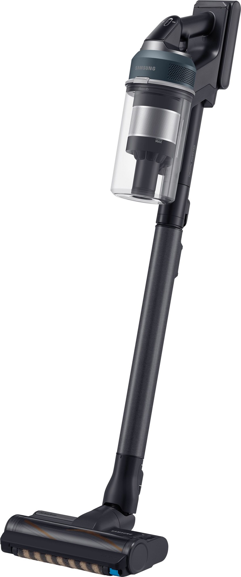Samsung Jet™ 95 Pro cordless stick vacuum cleaner in midnight blue, featuring a transparent dustbin, sleek design, and a motorized brush head for efficient cleaning.
