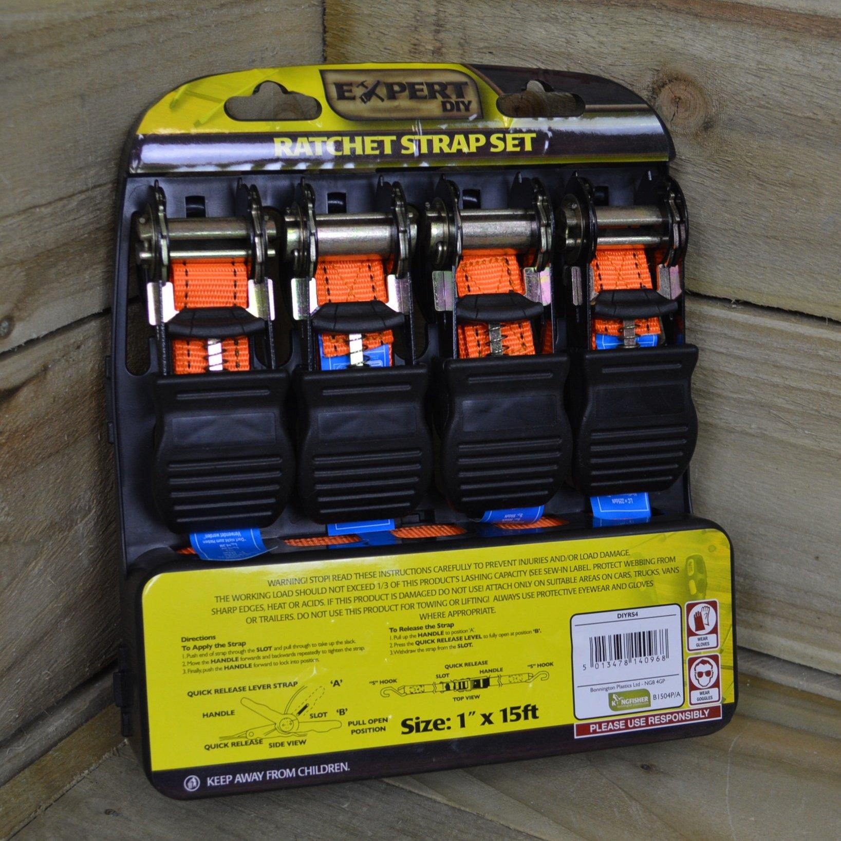Four heavy-duty orange ratchet straps, each 1 inch wide and 15 feet long, with S hooks, packaged in a black and yellow plastic holder, labeled "Expert DIY."