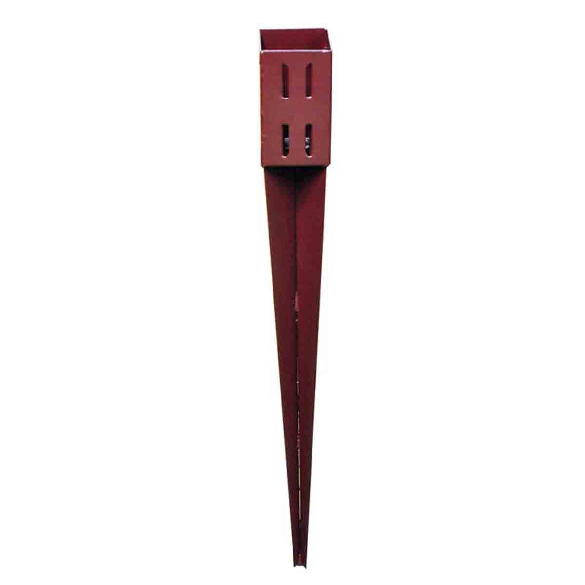 75mm x 75mm metal garden fence post holder and spike in a reddish-brown color, featuring a square holder with vertical slots and a pointed spike for easy ground insertion.