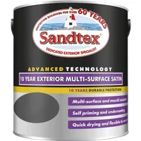 Sandtex 10 Year Exterior Multi-Surface Satin Paint 2.5L, Seclusion, black can with lighthouse logo and purple label.