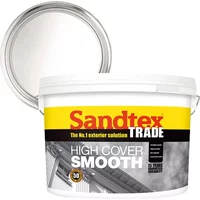 Sandtex High Cover Smooth Brilliant White 10L paint tub with yellow label and open lid showing white paint.