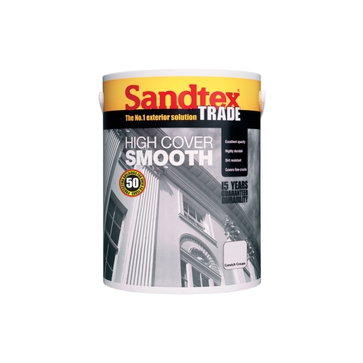 5L tub of Sandtex Trade High Cover Smooth exterior paint in a cream color, featuring a smooth finish, high opacity, and a 15-year durability guarantee.