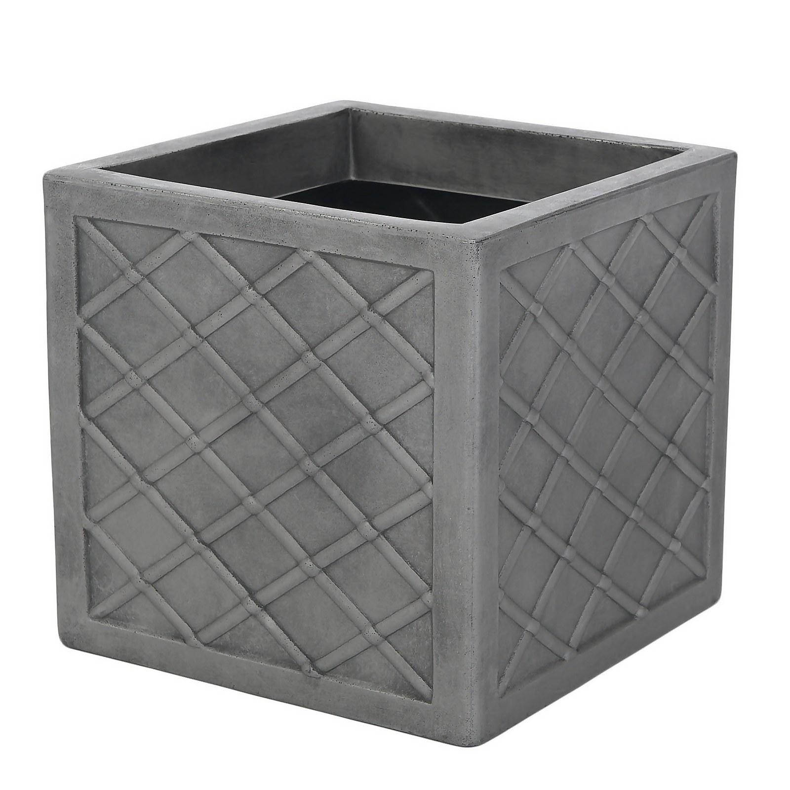 Square planter with a gray brick effect, featuring a textured diamond pattern on the sides, made of durable material, perfect for indoor or outdoor plants.