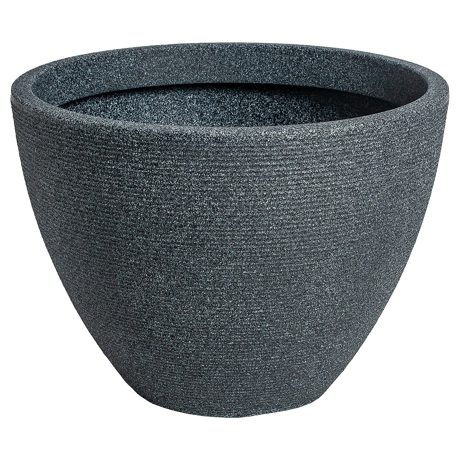 Round, textured medium plastic planter in dark gray, 40cm in diameter, featuring a smooth rim and a sturdy, lightweight design suitable for indoor or outdoor use.