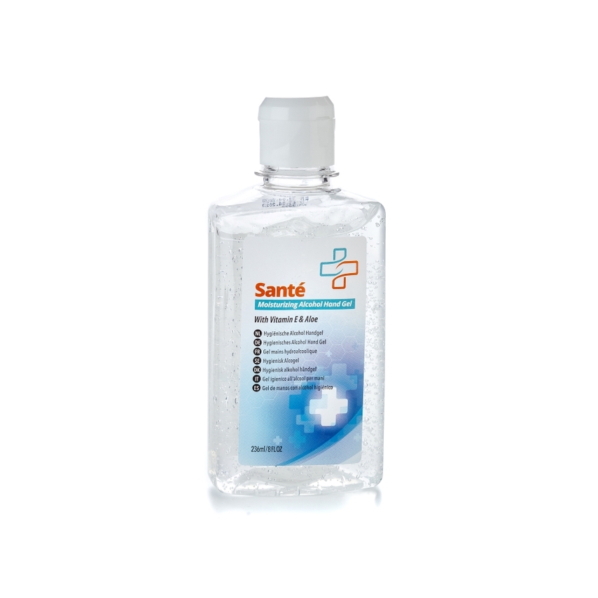 Clear plastic pump bottle containing 236ml of Sante alcohol hand sanitizer gel, featuring a blue and white label with a cross symbol and details about moisturizing ingredients.