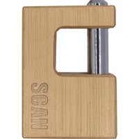 Rectangular brass Scan shutter padlock with engraved logo and a silver shackle.