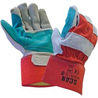 "Scan Heavy Duty Rigger Gloves, red and teal leather with reinforced palms and elastic cuffs"