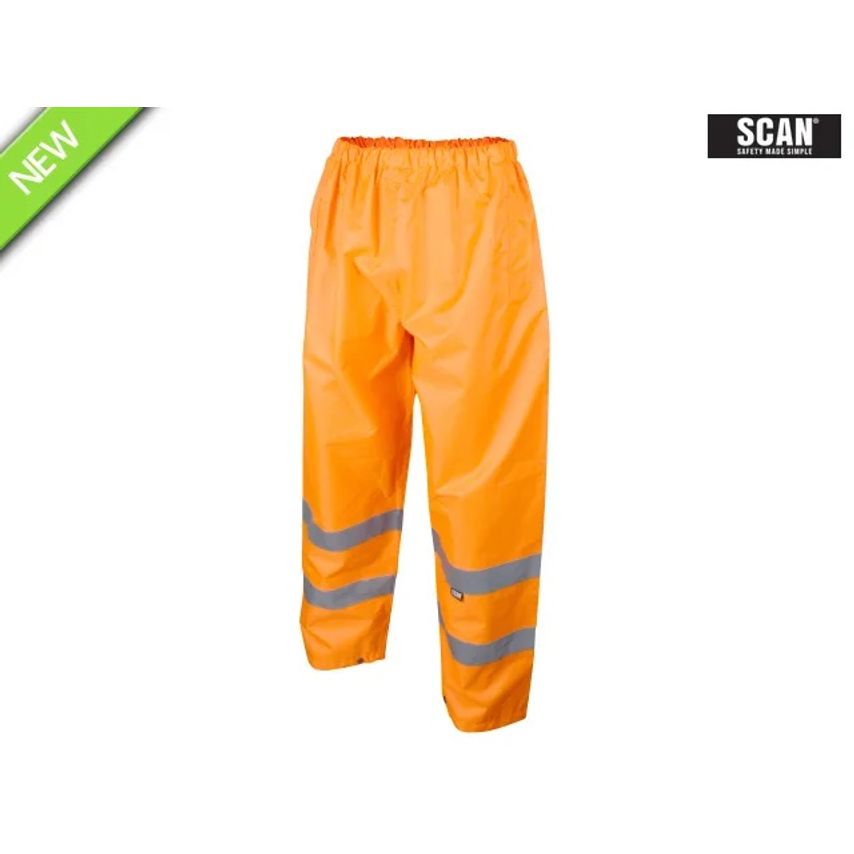 Hi-Vis orange motorway trousers with reflective silver stripes, elasticated waistband, and made from durable waterproof material, size L (40in).