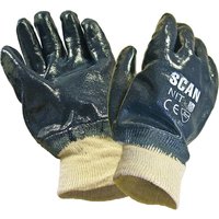 Blue Scan Nitrile Heavy Duty Gloves with white cuffs and printed logo on the back.