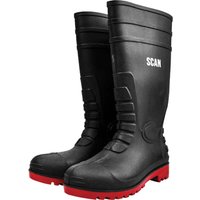 Black Scan Safety Wellington Boots with red soles, reinforced shin guards, and textured grip.