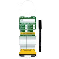 Scaffold Tag Kit with white plastic holder, green and yellow safety label, and black marker.