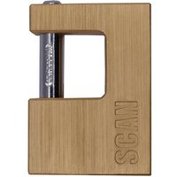 Brass Scan ZA111-80 padlock with rectangular body and visible steel shackle, engraved with "SCAN" on the side.