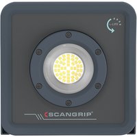 Black SCANGRIP portable light with circular LED, dimmer, USB power bank, and magnetic holder.