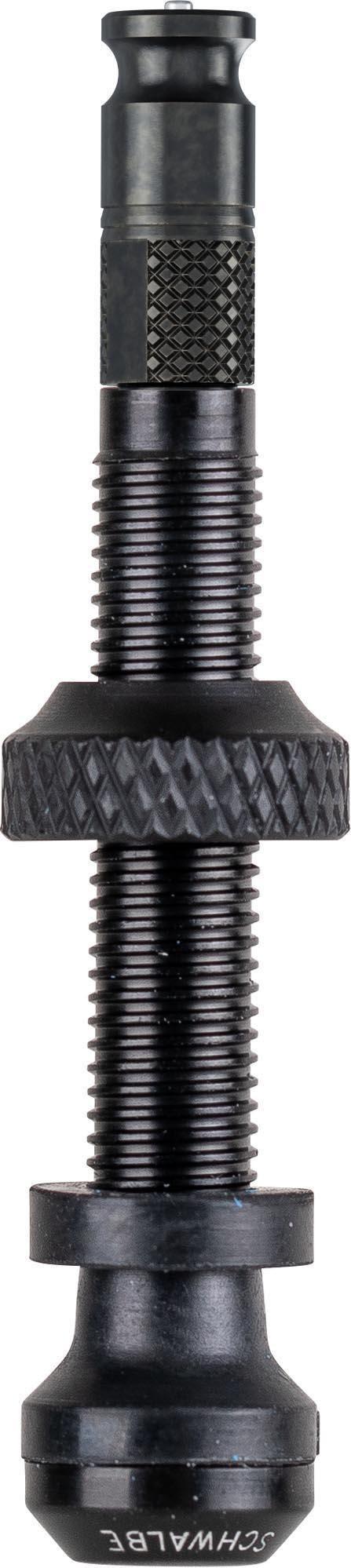 Black Schwalbe Clik Tubeless Valve, 40mm with knurled grip and threaded stem.