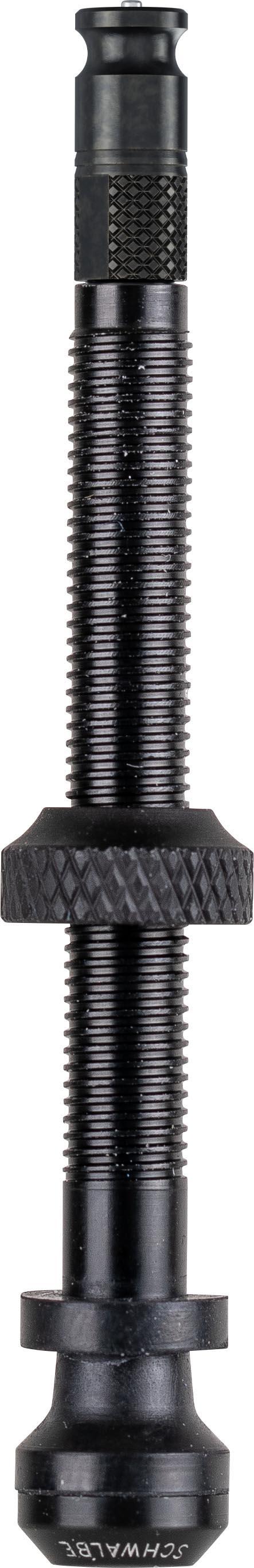 "Black Schwalbe Clik Tubeless Valve, 60mm, with knurled lock ring and smooth stem design"