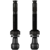 Black Schwalbe Clik tubeless valves with knurled lock rings and tapered rubber base, set of two.
