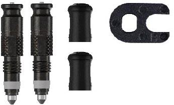 "Black Schwalbe Clik Presta valves with textured grips, rubber caps, and a black valve tool."