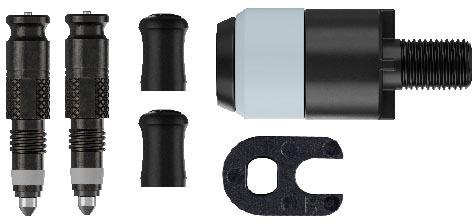 Black Schwalbe Clik Valves with textured Presta stems, pump head adapter, and rubber seals.