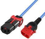 C14-C13 power cable with a blue PVC sheath, featuring a black connector with red locking mechanism on one end and a red connector on the other, measuring 0.5 meters in length.