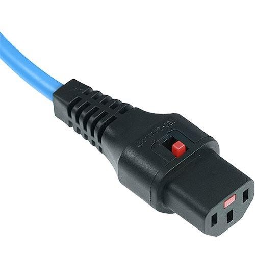 Blue PVC power cable with a C14 connector featuring a black locking mechanism and a red switch, measuring 0.5 meters in length and 1.0 mm in diameter.