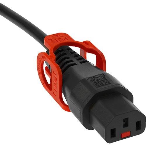 Black IEC C14 to locking IEC C13 mains lead, 1.5m long, featuring a durable black cable and a bright red locking mechanism for secure connection.