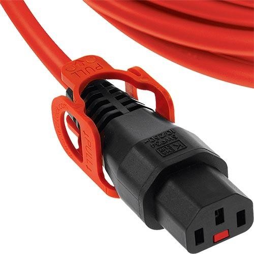 Orange 1.5m IEC Lock C14 to Locking IEC C13 mains lead featuring a sturdy black connector with a red locking mechanism for secure connections.