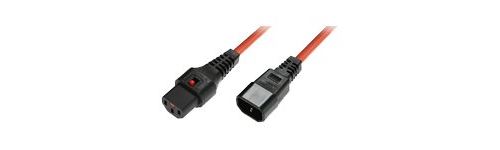 C14-C13 power cable by Scolm, 1 meter long, featuring a red PVC exterior, with a black C14 connector on one end and a C13 connector on the other.