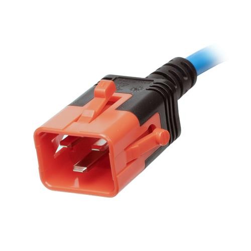 Scolm 1M C20-C19 D-Lck connector with a black and orange housing, featuring a blue PVC cable and a 1.5MM thickness, designed for secure electrical connections.