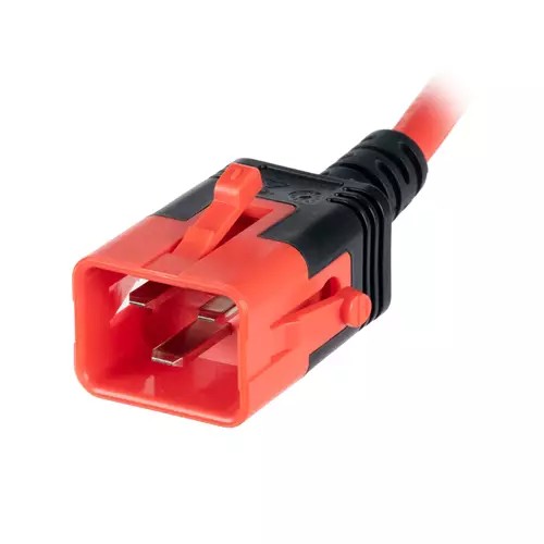 Red PVC cable connector with a C20-C19 D-lock design, featuring a sturdy black grip and two metal prongs, designed for secure electrical connections.