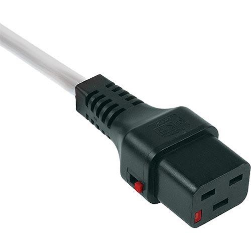 Black C20-C19 locking connector with a red switch, attached to a clear PVC cable, measuring 1 meter and featuring 1.5mm wire thickness.