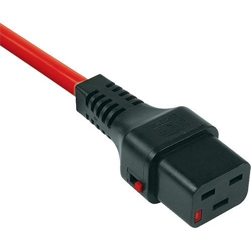 Red PVC cable with a 2-meter length, featuring a black C20-C19 locking connector with a red switch, designed for secure electrical connections.