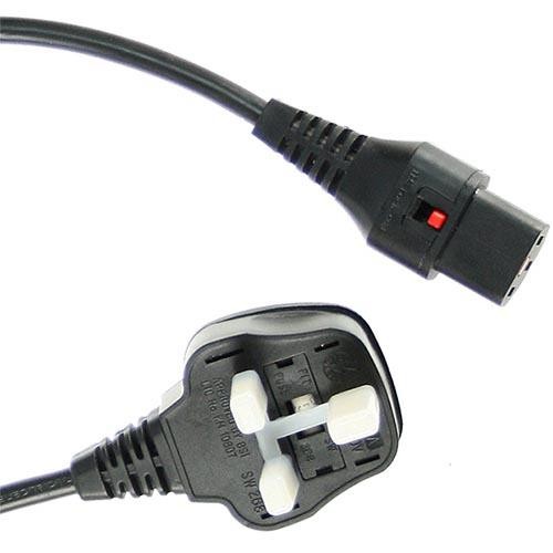 Black PVC power cable featuring a UK C13 connector and a standard UK plug, measuring 2 meters in length with a 1.0mm wire gauge.