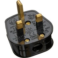 Black Scolm UK mains plug 13A BS1363 with three brass prongs and embossed safety markings.