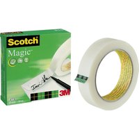 Scotch Magic Tape 66 m roll, white, with green plaid label, next to green box with writing sample.