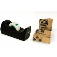 Scotch Magic Tape set with black dispenser, two boxed rolls, transparent tape with green branding.