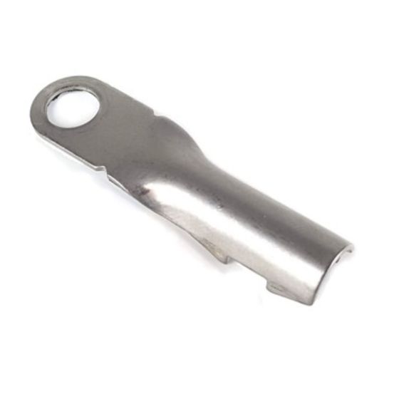 Scottoiler Dispenser Plate in shiny silver metal, featuring a streamlined design with a circular hole at one end for easy attachment.