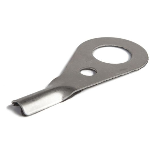 Silver metal Scottoiler dispenser plate with a circular hole and a small notch, designed for spindle or axle fitment, showcasing a sleek, durable construction.