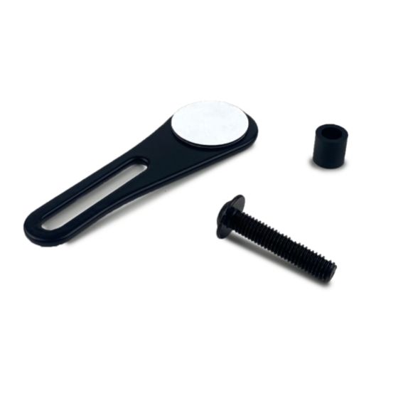 Black plastic display bracket with a circular adhesive pad, a black rubber grommet, and a metal screw, designed for securing the Scottoiler ESystem V3.1.