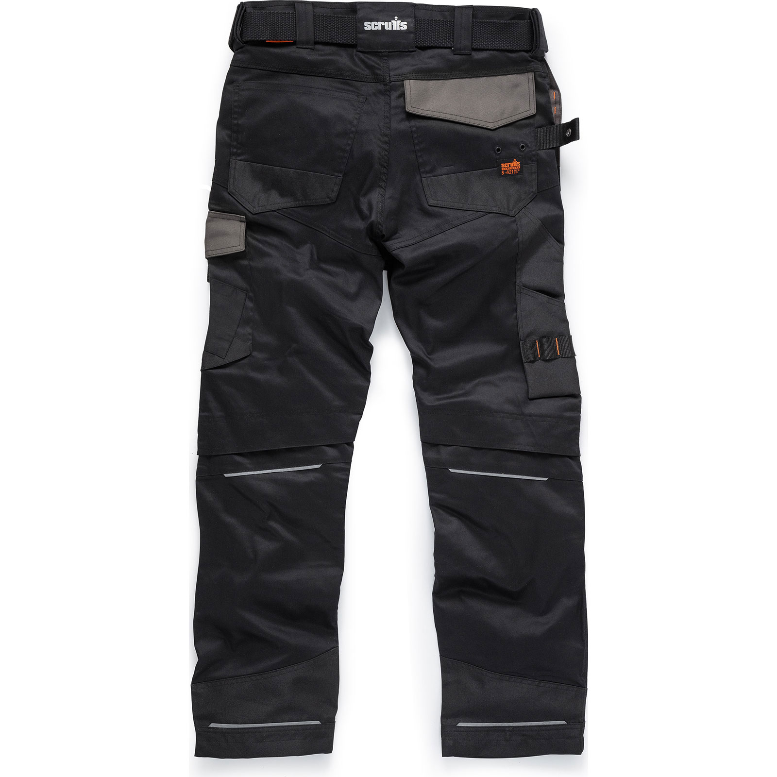 Black Scruffs Pro Flex trousers with multiple pockets, reinforced knee areas, and reflective strips, designed for durability and flexibility, size 34L.