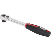 "Sealey 1/2 inch drive ratchet wrench with 72-tooth mechanism, chrome finish, and black-red ergonomic handle"