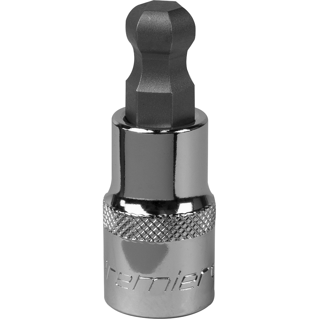 Ball-end hex socket bit in 12mm size with a 1/2" square drive, featuring a shiny chrome finish and a textured grip for easy handling.