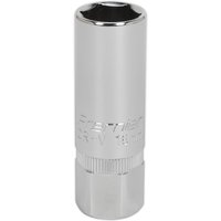 Silver Sealey 1/2" drive hexagon spark plug socket with engraved branding and knurled grip section.