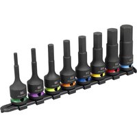 Sealey 1/2" Drive Impact Hexagon Socket Bit Set, black with color-coded bands, arranged on a black holder.