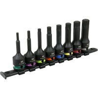 Sealey 1/2" Drive Impact Spline Socket Bit Set with black sockets, color-coded rings, and a black storage rail.