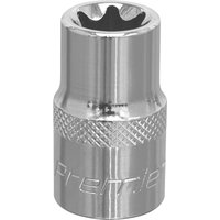 Silver Sealey 1/2" drive Torx socket with knurled grip and engraved logo, featuring a star-shaped opening.