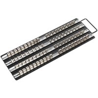 Sealey socket rail tray with black base, featuring rows for 1/4", 3/8", and 1/2" drive sockets, metal handle on end.
